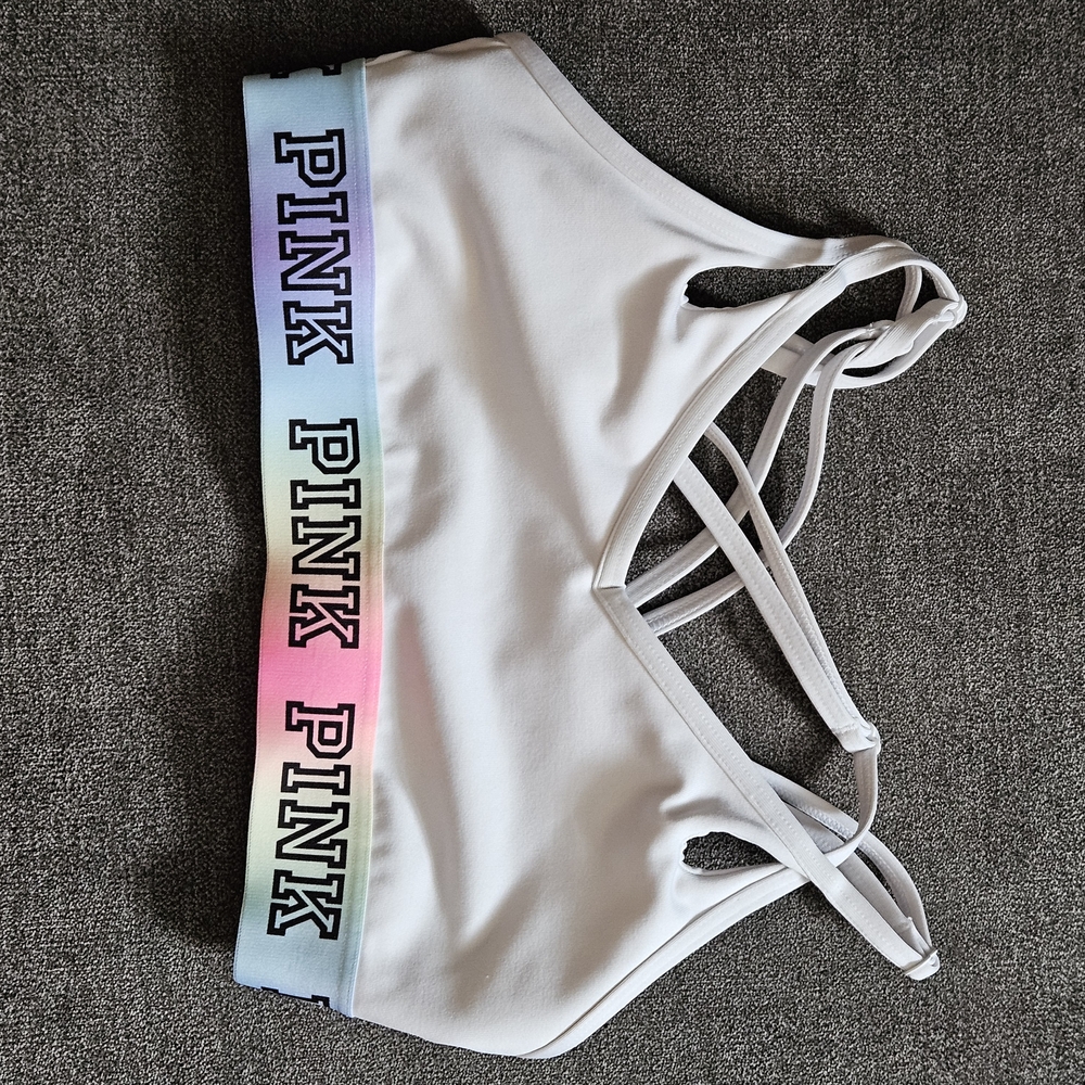 PINK Victoria's Secret White Sports Bra with Rainbow Band